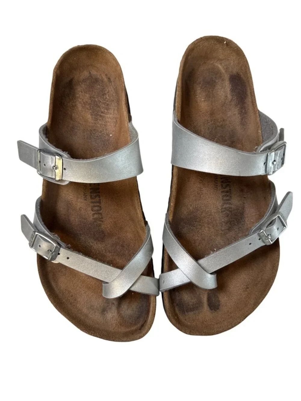 Birkenstock Mayari Birko-Flor Leather Sandals~Size 8~Silver Criss Cross P19 09